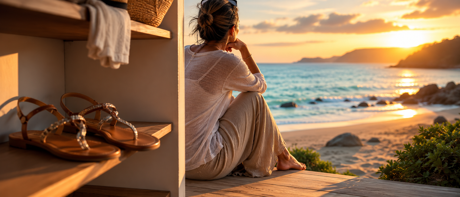 A pair of sandals sitting unused on a shelf, and in the background a person looking toward a beach they're not going to &mdash; representing the quiet cost of avoiding situations that would expose their feet.